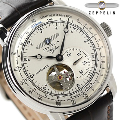 ツェッペリン 100周年 記念モデル オープンハート 自動巻き 7662-1 Zeppelin メンズ 腕時計 アイボリー×ダークブラウン レザーベルト